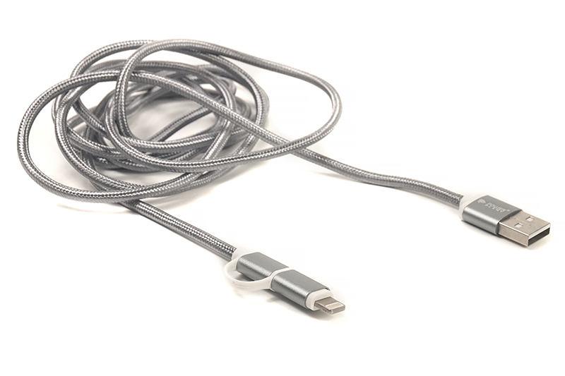 картинка Kабель PowerPlant Quick Charge 2A 2-в-1 cotton USB 2.0 AM – Lightning/Micro 2м grey от магазина itmag.kz