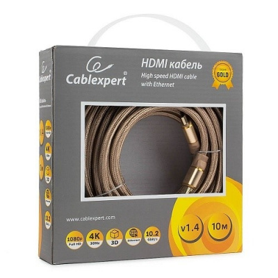 картинка Кабель HDMI Cablexpert, серия Gold, 10 м, v1.4, M/M, золотой, позол., алюминиевый корпус, коробка от магазина itmag.kz