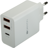 картинка CANYON H-08 Universal 3xUSB AC charger (in wall) with over-voltage protection(1 USB-C with PD Quick Charger), Input 100V-240V, OutputUSB-A/5V-2.4A+USB-C/PD30W, with Smart IC, White Glossy Color+ orange plastic part of USB, 96.8*52.48*28.5mm, 0.092kg от магазина itmag.kz