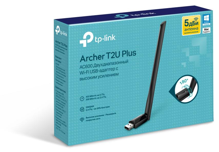 картинка Сетевой адаптер беспроводной USB AC600 Tp-Link Archer T2U Plus <AC600 Dual Band Wireless USB Adapter, 1T1R, 433Mbps at 5GHz + 200Mbps at 2.4GHz, 802.11ac/a/b/g/n, несъемная всенаправленная антенна высокого усиления 5dBi, USB 2.0> от магазина itmag.kz
