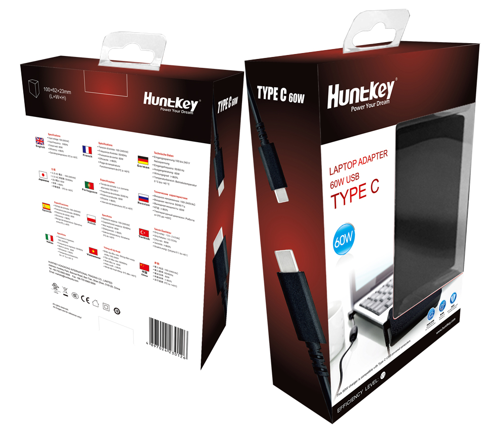 картинка Блок питания ноутбука 60W MAX Huntkey TYPE-C <60W, 19.5VDC, совместим с MacBook и смартфонами> от магазина itmag.kz