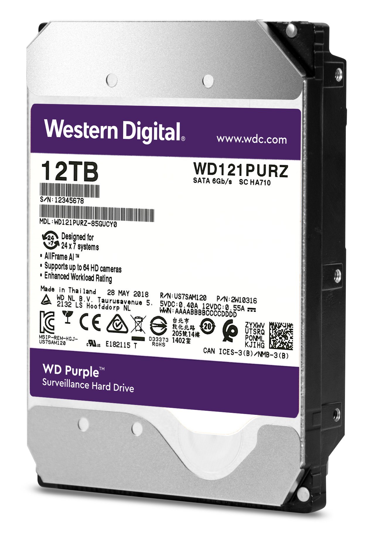 картинка Жесткий диск для видеонаблюдения HDD 12Tb Western Digital Purple SATA 6Gb/s 256Mb 7200об/мин 3,5" WD121PURP от магазина itmag.kz