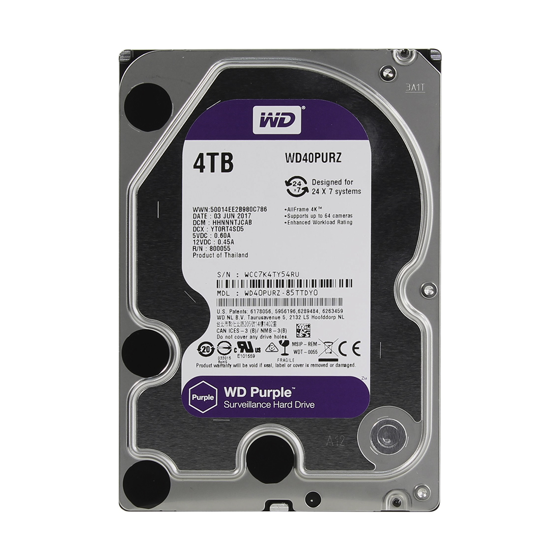 картинка Жёсткий диск WD Purple™ WD40PURZ 4ТБ 3,5" 5400RPM 64MB (SATA-III) DV&NVR от магазина itmag.kz