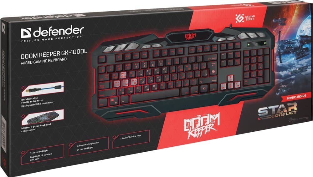картинка Клавиатура проводная игровая Defender Doom Keeper GK-100DL, ENG/RUS, USB, 3 цвета подсветки, НОВИНКА от магазина itmag.kz