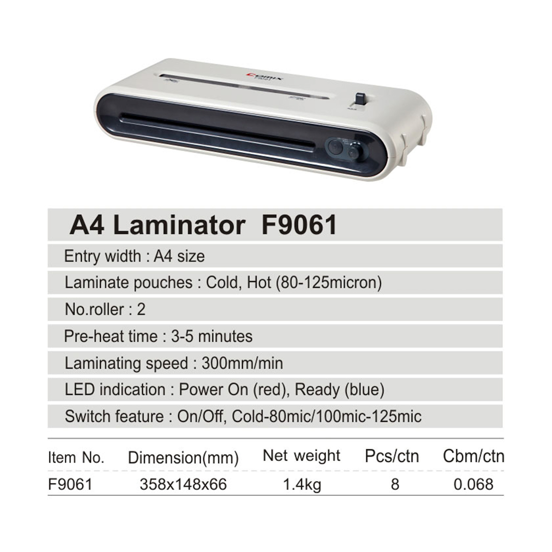 картинка Ламинатор COMIX F9061 А4, 2 вала, 80-125 мкм, 30 см/мин. от магазина itmag.kz