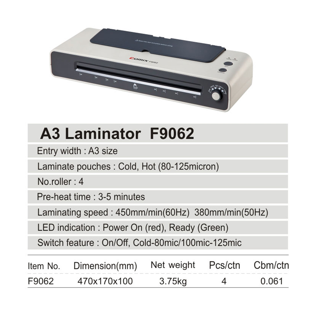 картинка Ламинатор COMIX F9062 А3, 4 вала, 80-125 мкм, 38-45 см/мин. от магазина itmag.kz