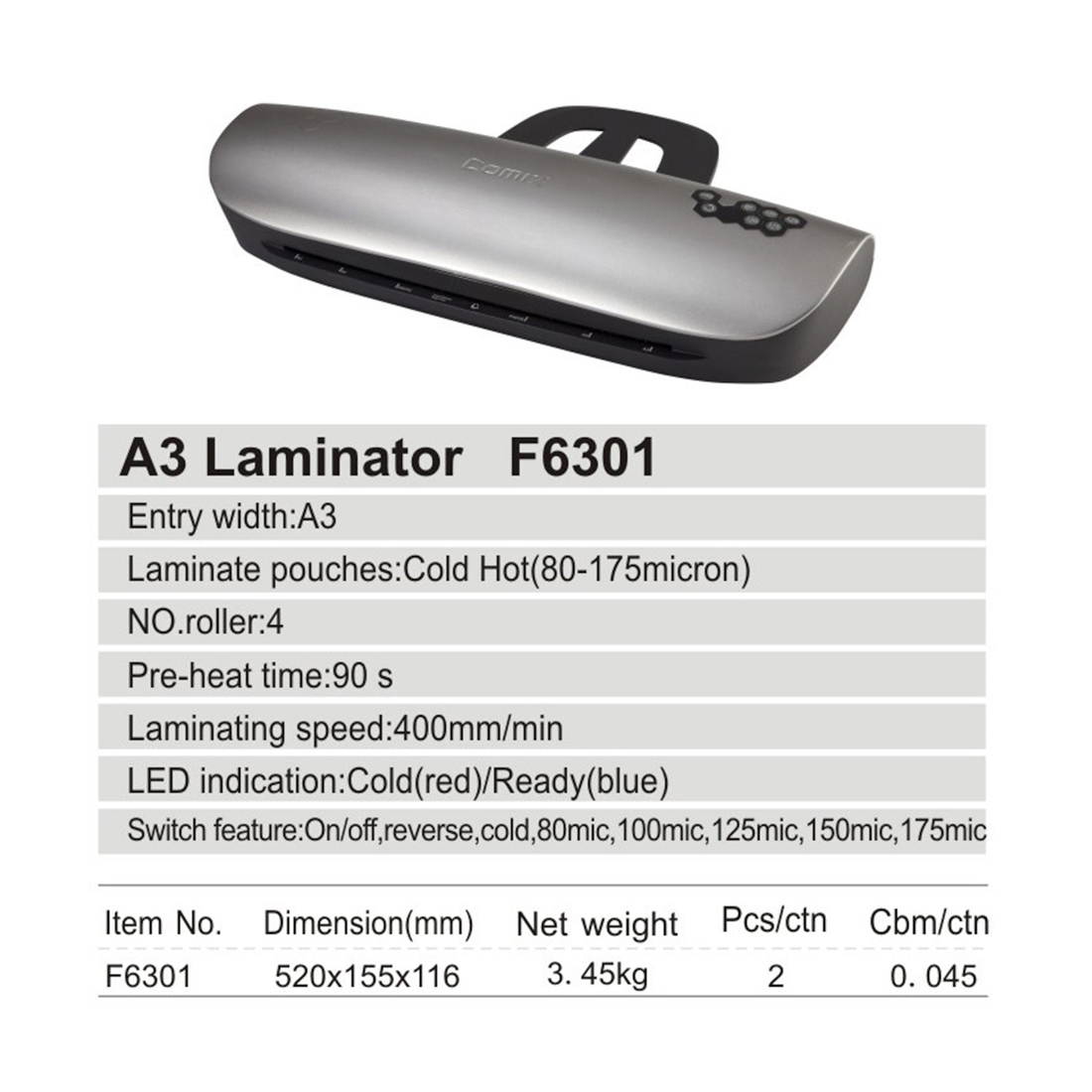 картинка Ламинатор COMIX F6301 А3, 4 вала, 80-175 мкм, 40 см/мин. от магазина itmag.kz