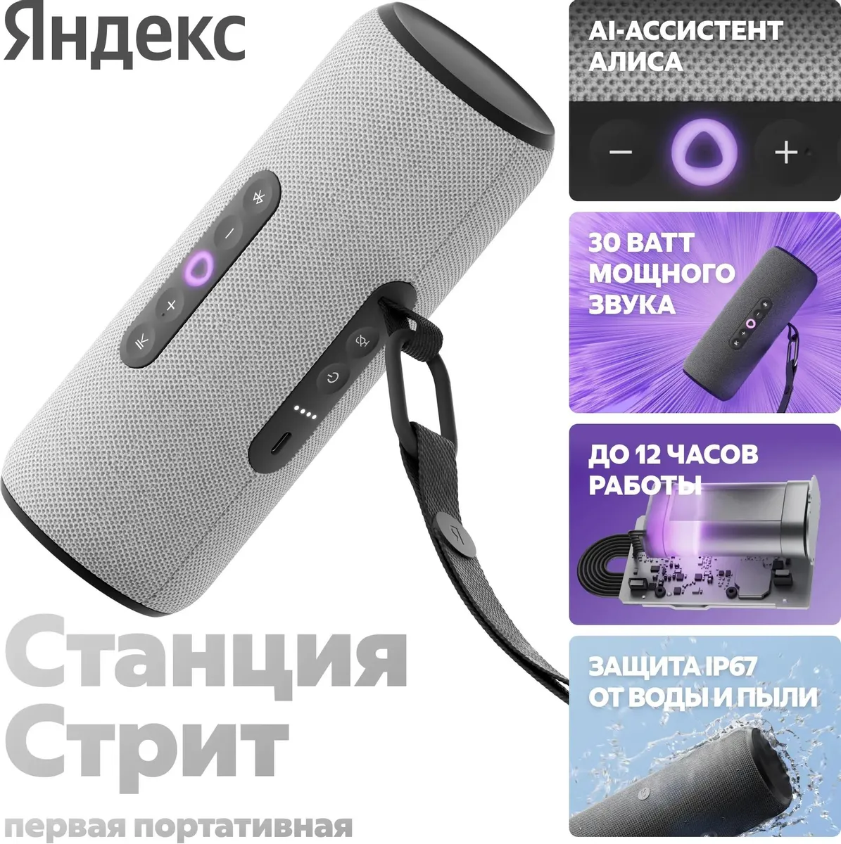 Портативная умная колонка Яндекс Станция Стрит с Алисой, Серый (YNDX-00030GRY) фото