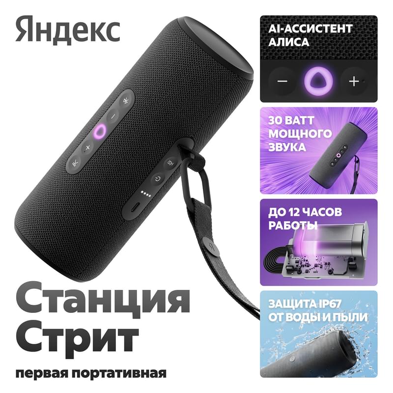 Колонка Яндекс.Станция Стрит c Алисой (2.0), Black, 30Вт Wi-Fi, BT (YNDX-00030BLK) фото