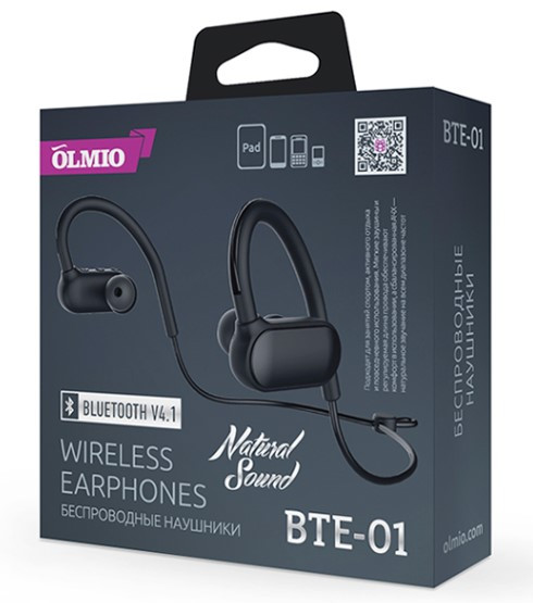 картинка Наушники-вкладыши беспроводные OLMIO "BTE-01" черный, Bluetooth 4.1 от магазина itmag.kz