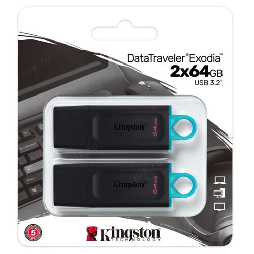 картинка Флэш-накопитель Kingston 64Gb USB3.2 Gen1 Data Traveler Exodia (Black+Teal), комплект 2шт. от магазина itmag.kz
