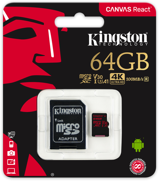 картинка Карта памяти Kingston 64GB microSDXC Canvas React 100R/80W U3 UHS-I V30 A1 Card + SD Adapter от магазина itmag.kz
