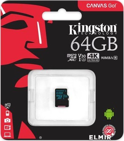 картинка Карта памяти Kingston 64GB microSDXC Canvas Go 90R/45W U3 UHS-I V30 Card No Adapter от магазина itmag.kz