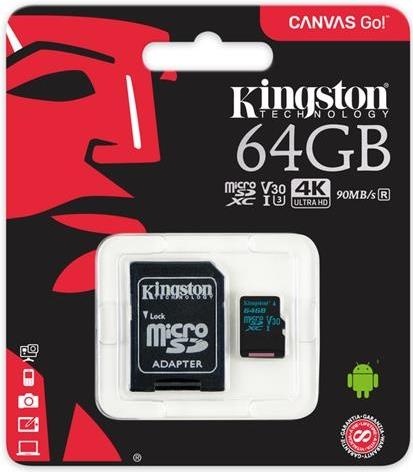 картинка Карта памяти Kingston 64GB microSDXC Canvas Go 90R/45W U3 UHS-I V30 Card + SD Adapter от магазина itmag.kz