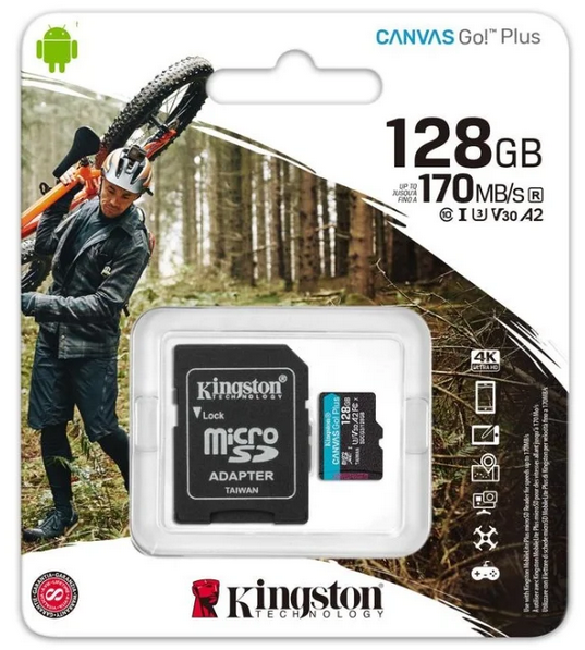 картинка Карта памяти Kingston 128GB microSDXC Canvas Go Plus 170R/90W A2 U3 V30 Card + Adapter, SDCG3/128GB от магазина itmag.kz