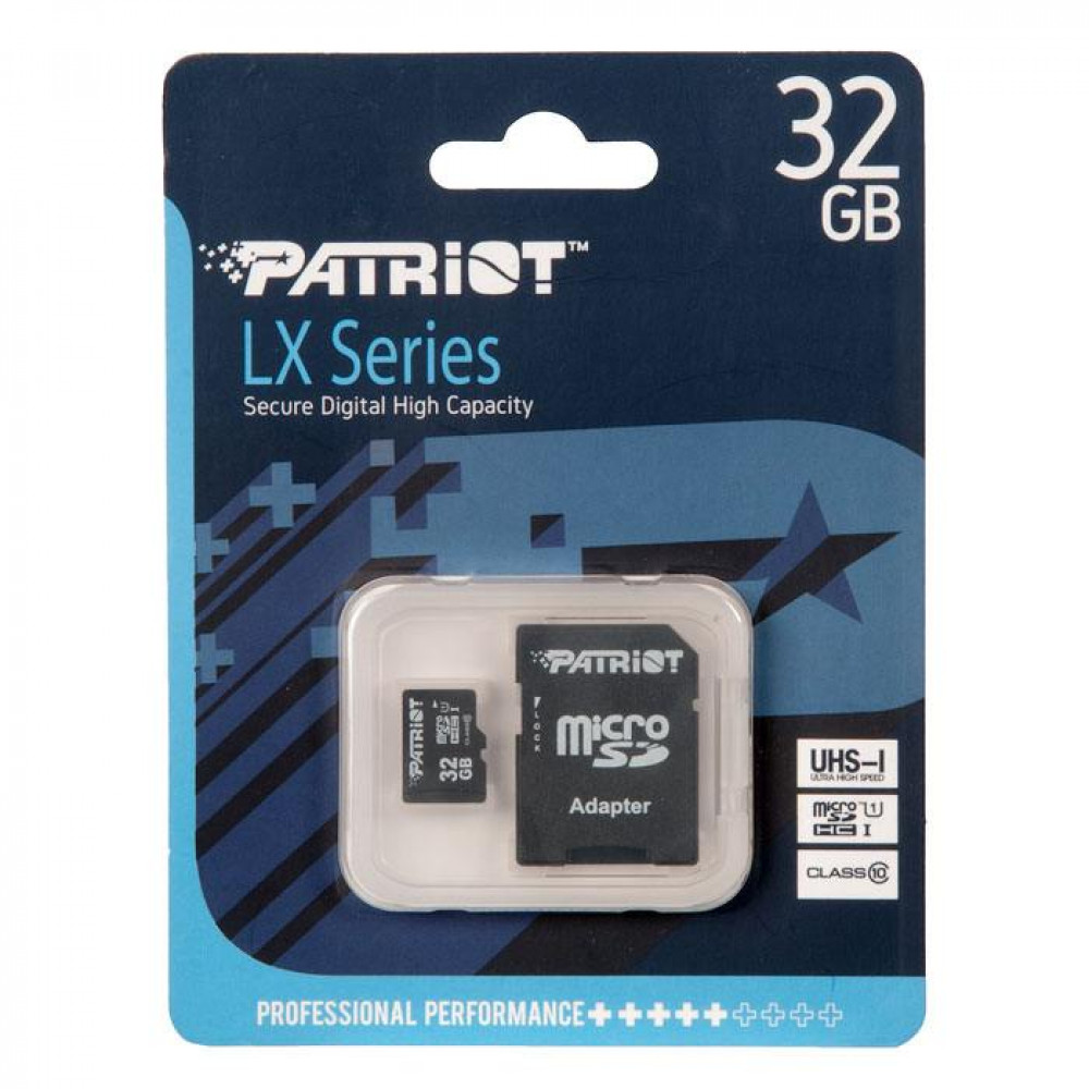 картинка Карта памяти MicroSD Patriot LX microSDHC, 32GB, PSF32GMCSDHC10, Class 10, UHS-I, + adapter SD от магазина itmag.kz