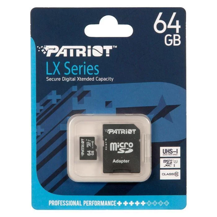 картинка Карта памяти MicroSD Patriot LX microSDXC, 64GB, PSF64GMCSDXC10, Class 10, UHS-I, + adapter SD от магазина itmag.kz