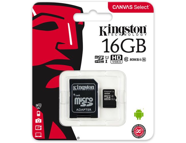 картинка Карта памяти Kingston 16GB microSDHC Canvas Select 80R CL10 UHS-I Card + SD Adapter от магазина itmag.kz