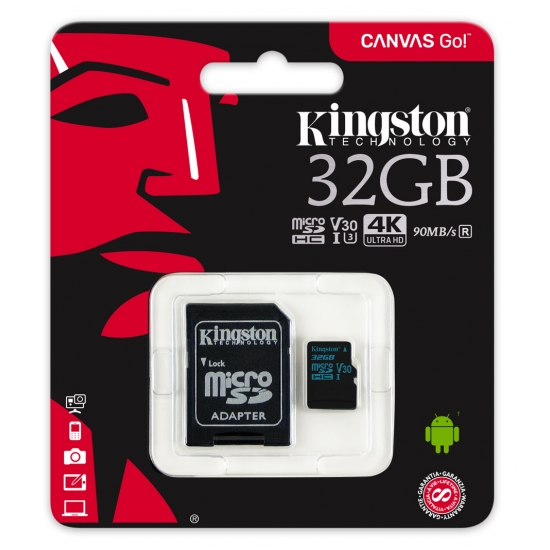 картинка Карта памяти Kingston 32GB microSDHC Canvas Go 90R/45W U3 UHS-I V30 Card + SD Adapter от магазина itmag.kz