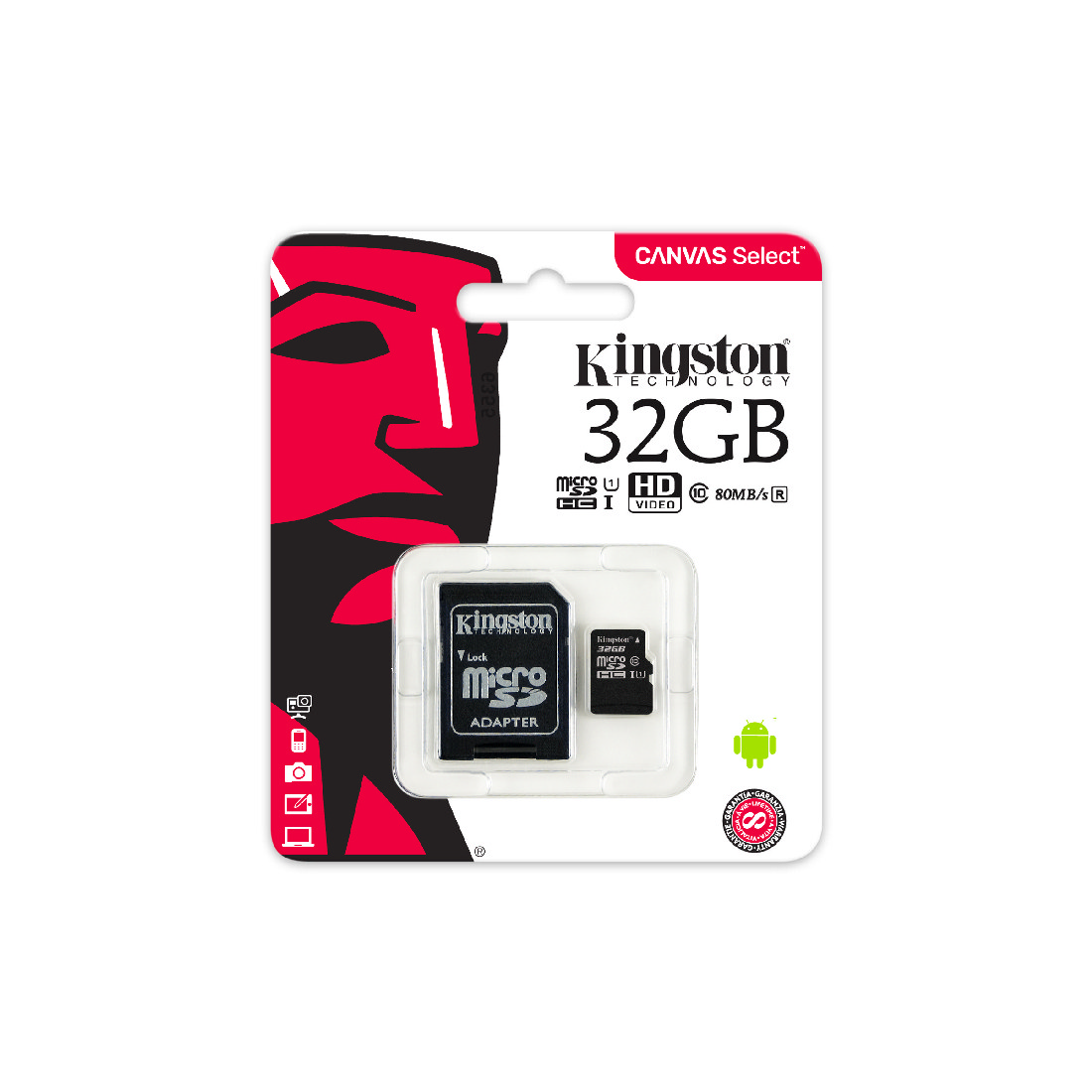 картинка Карта памяти Kingston 32GB microSDXC Canvas Select 80R CL10 UHS-I Card + SD Adapter от магазина itmag.kz