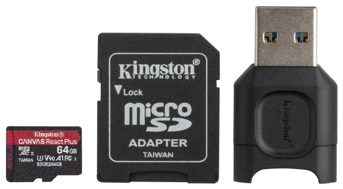 картинка Карта памяти MicroSD, Kingston Canvas React Plus, 64GB, MLPMR2/64GB, UHS-II, R285/W165 + USB Adapter от магазина itmag.kz