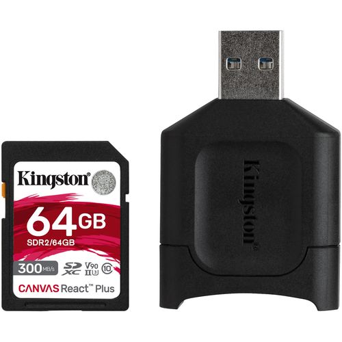 картинка Карта памяти SD, Kingston Canvas React Plus, 64GB, MLPR2/64GB, UHS-II, R300/W260 + USB Adapter от магазина itmag.kz