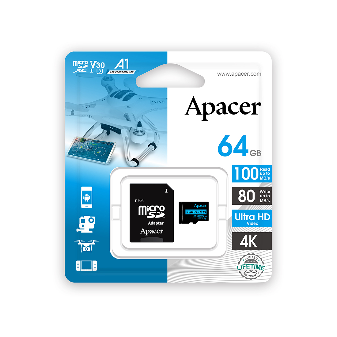картинка Карта памяти Apacer AP64GMCSX10U7-R 64GB + адаптер от магазина itmag.kz