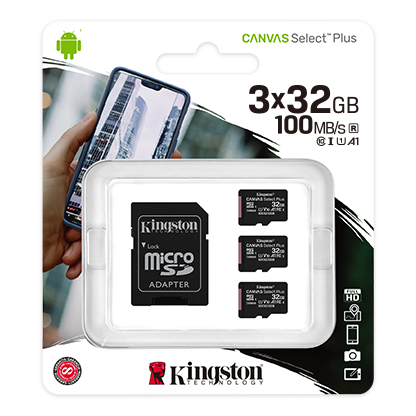 картинка Карта памяти Kingston 32GB micro SDHC Canvas Select Plus 100R A1 C10 Three Pack + Single ADP, SDCS2/32GB-3P1A от магазина itmag.kz