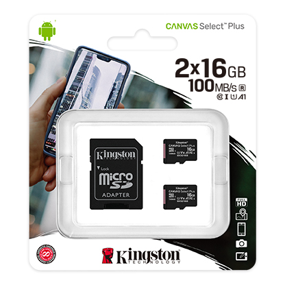 картинка Карта памяти Kingston 16GB micro SDHC Canvas Select Plus 100R A1 C10 Two Pack + Single ADP, SDCS2/16GB-2P1A от магазина itmag.kz