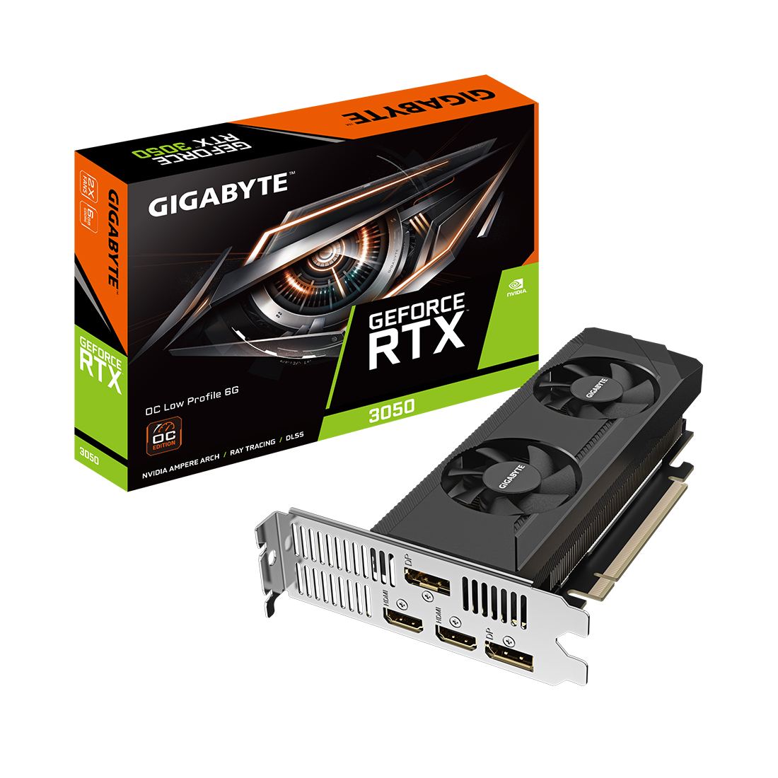 картинка Видеокарта Gigabyte GeForce RTX 3050 OC Low Profile 6G (GV-N3050OC-6GL) [6 ГБ, GDDR6, 96 бит, HDMI (2 шт), DisplayPort (2 шт)] от магазина itmag.kz
