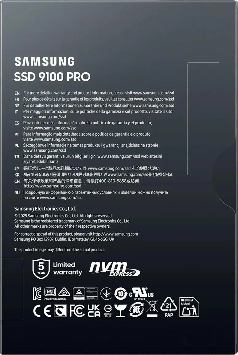 Твердотельный накопитель SSD M.2 PCIe 2 TB Samsung 9100 PRO, MZ-VAP2T0BW , PCIe 5.0, NVMe 2,0 (MZ-VAP2T0BW) фото