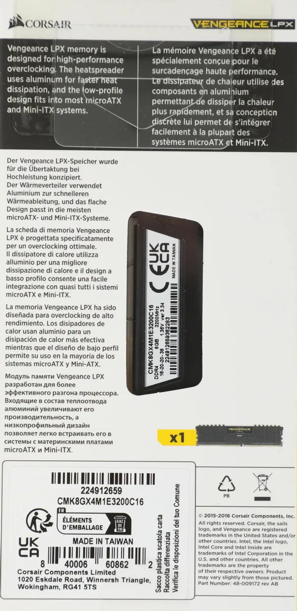 Оперативная память Corsair Vengeance LPX DDR4, 3200MHz 8GB - Black  (CMK8GX4M1E3200C16) фото