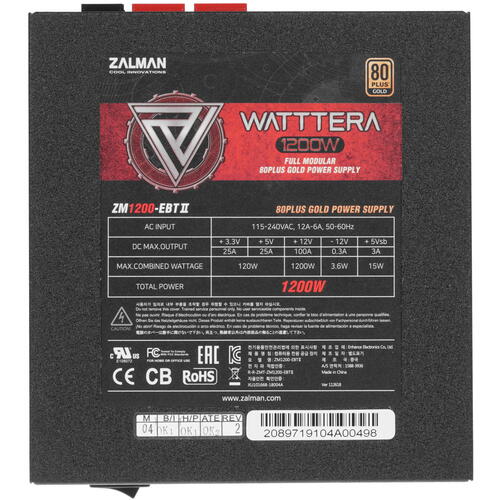 картинка Блок питания Zalman WATTTERA , ZM1200-EBTII [1200 Вт, 80 PLUS Gold, 12x SATA, 8x 6+2 pin PCIe, 2x 4+4 pin CPU] от магазина itmag.kz