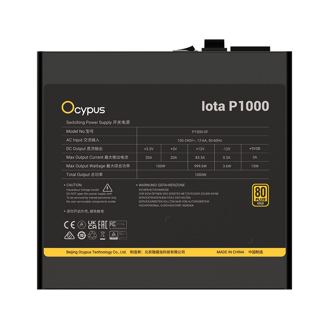 Блок питания Ocypus Iota P1000S 1000W Full Modular, 80+GOLD, Черный (Iota-P1000S-GFFBK025X-EU) фото