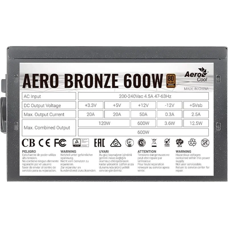 картинка Блок питания ATX 600W AeroCool Aero Bronze, 12sm fan,20+4/24+4/24+8,6SATA,4Molex,2х6p/2х2pPCI-E,ATX от магазина itmag.kz