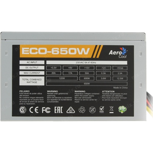 картинка Блок питания Aerocool  ECO-650, 650W, ATX, 20+4 pin, 4+4pin, 1 вентилятор 120 x 120 мм ECO-650W от магазина itmag.kz