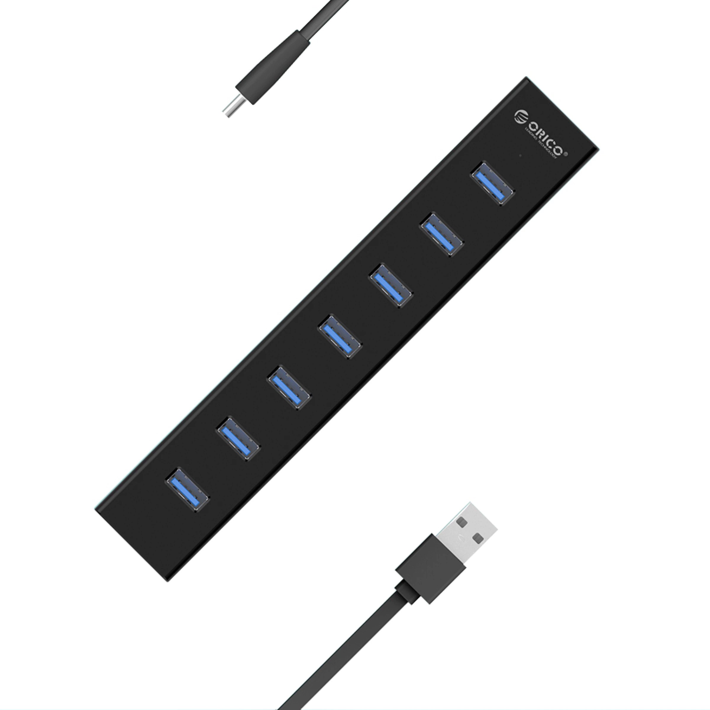 картинка USB Хаб ORICO H7013-U3-AD-EU-BK-BP <USB3.0x7, DC, Cable 1m, 5V2A, BLACK, 187*32*23mm> от магазина itmag.kz