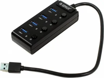 картинка USB Хаб ORICO W9PH4-U3-V1-BK-BP <USB3.0x4, Cable 30cm, ON/OFF кнопка, 110*46*24mm, BLACK> от магазина itmag.kz