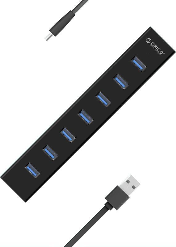 картинка USB Хаб ORICO H7013-U3-V1-BK-BP <USB3.0x7, Cable 1m, 5V2A, BLACK, 187*32*23mm> от магазина itmag.kz