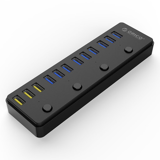 картинка USB Хаб ORICO P12-U3-EU-BK <USB3.0x12, DC, 1M, ON/OFF кнопка, 176*52*22mm, BLACK> от магазина itmag.kz