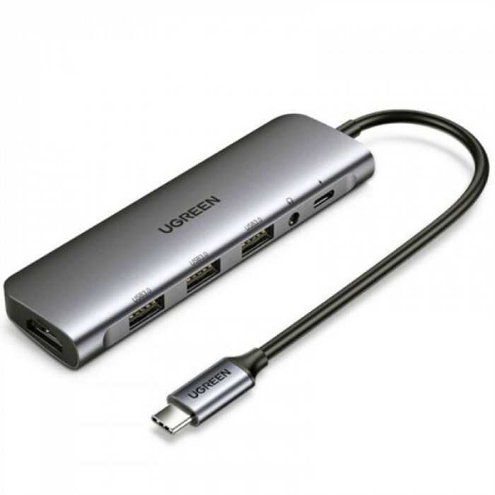 картинка Конвертор сигнал UGREEN CM136 USB-C To HDMI+3*USB 3.0 A+ AUX3.5mm+PD Power Converter, 80132 от магазина itmag.kz