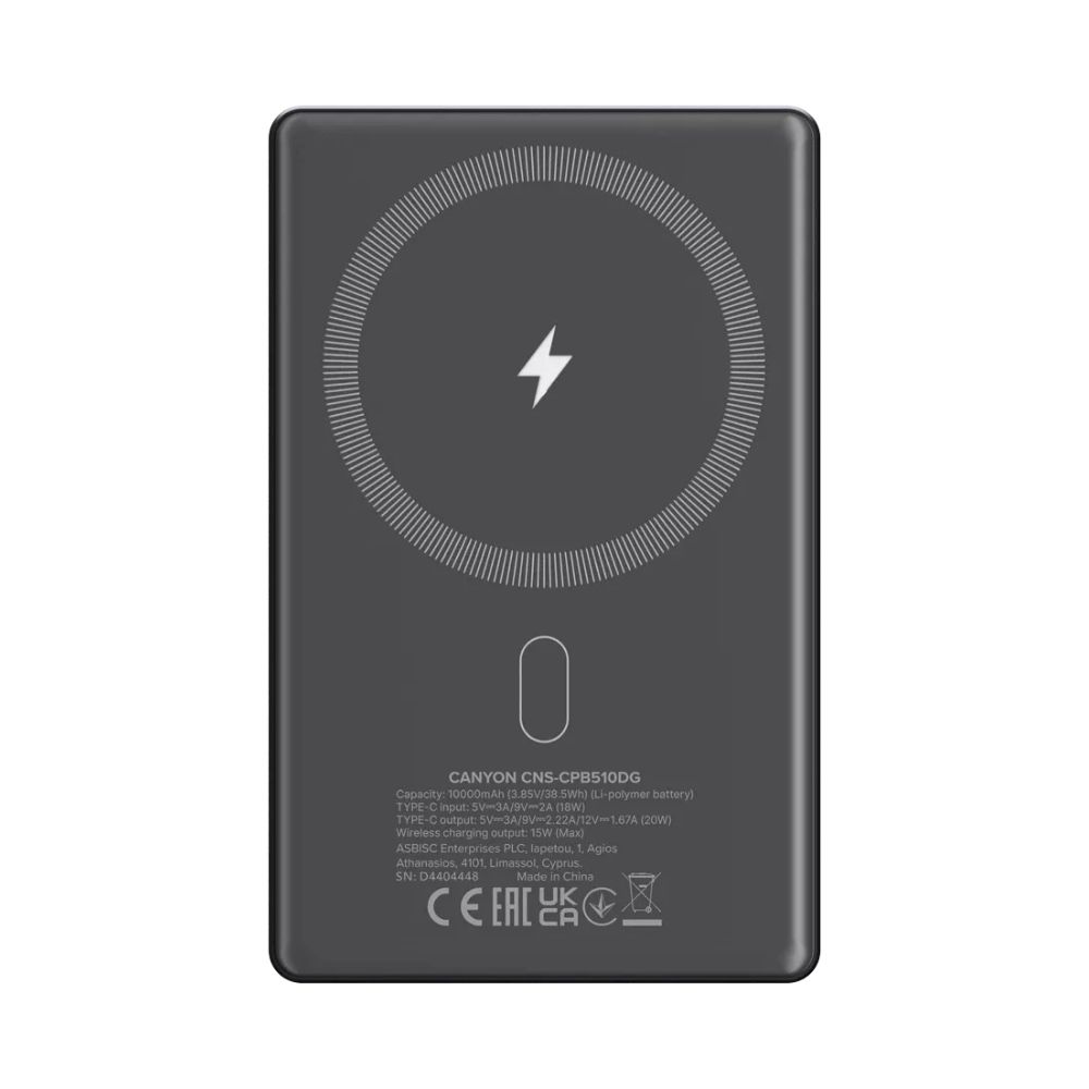 Power Bank CANYON OnPower 510 slim Magnetic 10000 mAh PD20W Dark Grey (CNS-CPB510DG) фото