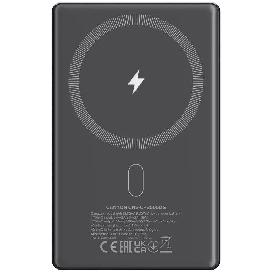 Power Bank CANYON OnPower 505 slim Magnetic 5000 mAh PD20W Dark Grey (CNS-CPB505DG) фото