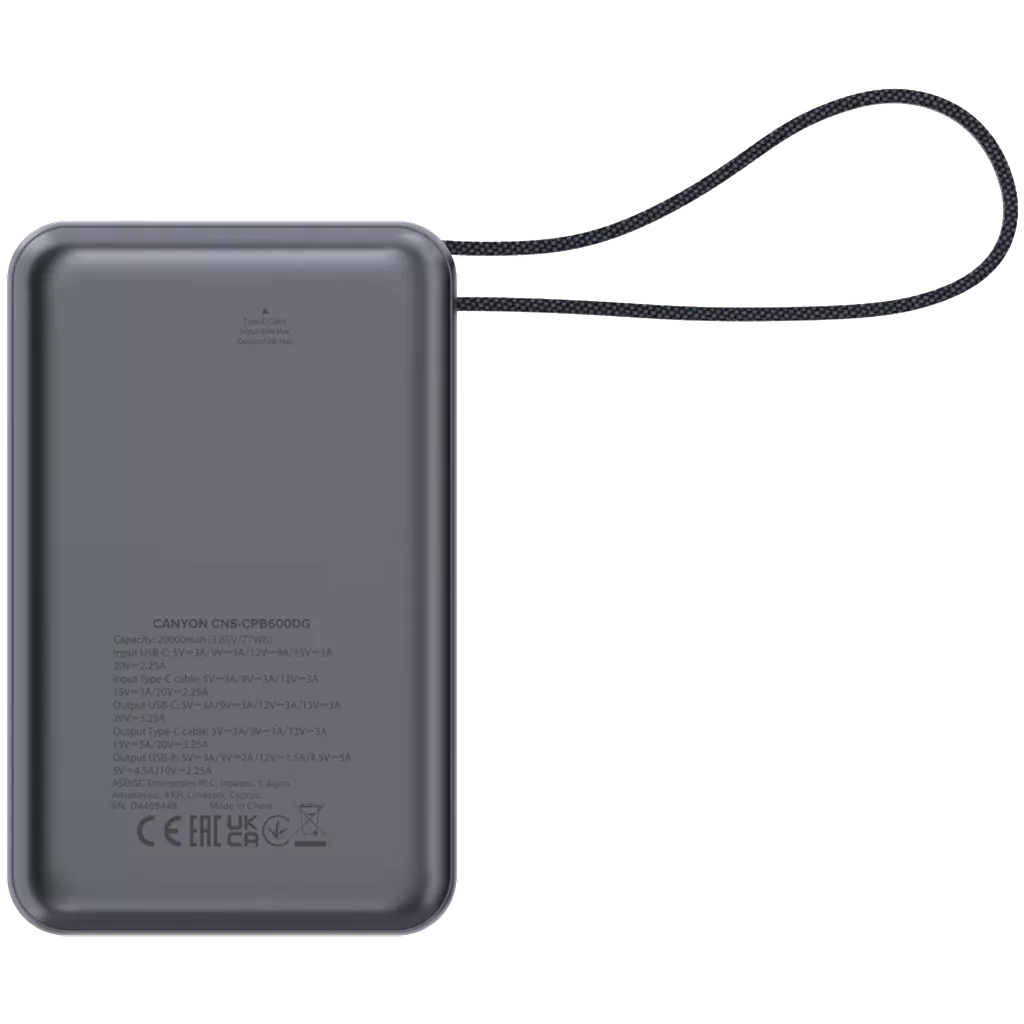 Power bank CANYON OnPower 600 built-in cable 20000 mAh PD65W Dark Grey (CNS-CPB600DG) фото