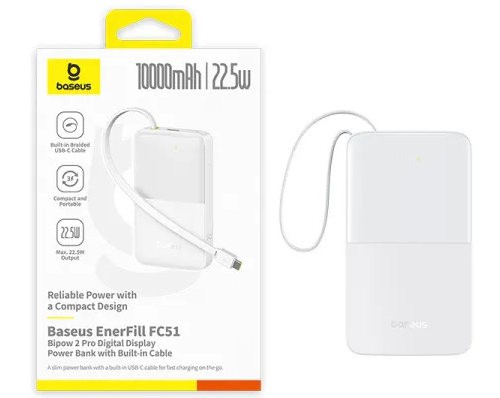 Портативный внешний аккумулятор Baseus EnerFill FC51 Bipow2 Pro, 10000mAh 22.5W - White (E0027601) фото