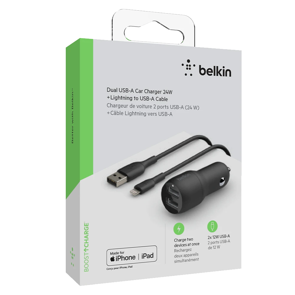 Автомобильное зарядное устройство Belkin, 24W Dual USB-A, USB-A-Lightning, 1m, Black (CCD001bt1MBK) фото