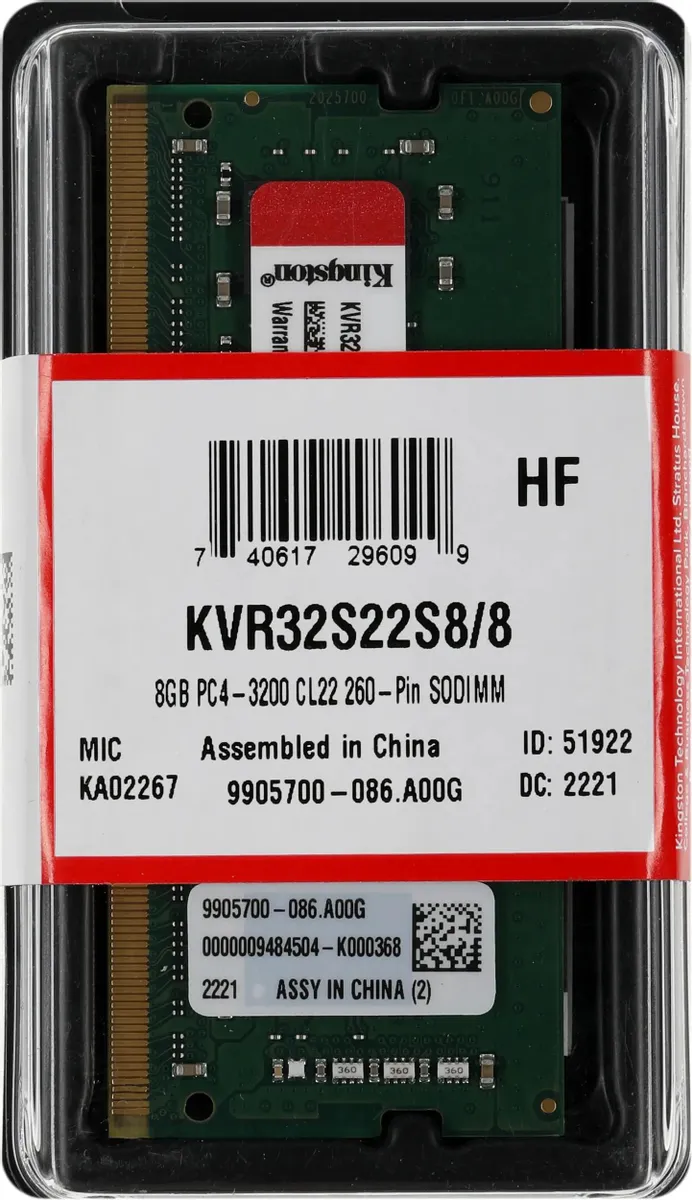 Оперативная память для ноутбука Kingston KVR32S22S8/8WP DDR4 SO-DIMM 8Gb 3200MHz (KVR32S22S8/8WP) фото
