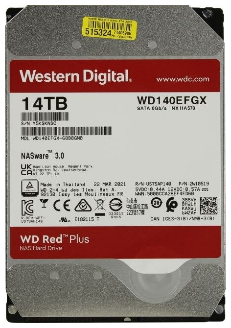 картинка Жесткий диск для NAS систем HDD 14Tb Western Digital RED Plus SATA6Gb/s 3.5" 512Mb 7200rpm (WD140EFGX) от магазина itmag.kz