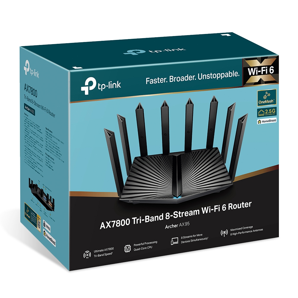 картинка Маршрутизатор беспроводной AX7800 GbE Tp-Link Archer AX95 <Wi-Fi 6 AX Triple Band Wireless Gigabit Router, 4804 Мбит/с + 2402 Мбит/с 5GHz (802.11ax, HE160), 574 Мбит/с 2,4GHz(802.11ax), cовместим со стандартами Wi-Fi 802.11a/b/g/n/ac/ax, 1 порт WAN/LAN 2, от магазина itmag.kz