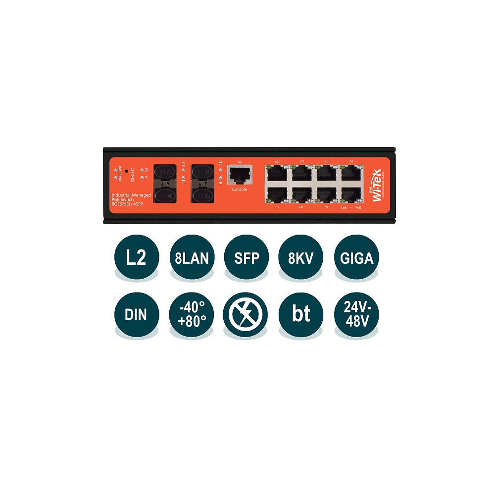 Промышленный управляемый L2 коммутатор Wi-Tek WI-PMS312GF-I v2  (WI-PMS312GF-I v2) фото